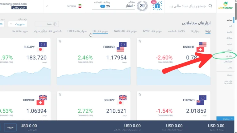 اسکرین‌شات ورود به بخش متاتریدر در پنل لایت فایننس.